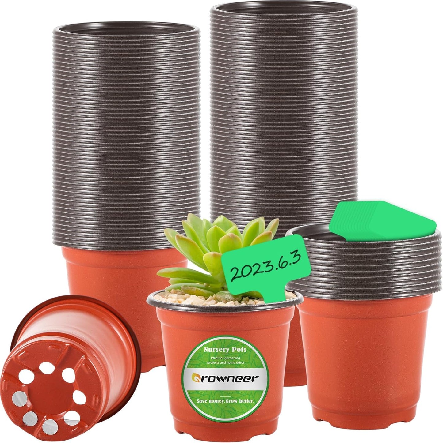 GROWNEER 120 Pcs 4 Inch Nursery Plant Pots for Plants with 15 Labels, Plastic Seed Starter Kit for Indoor & Outdoor Gardening, Seedling Transplant, and Flower Growing Planter