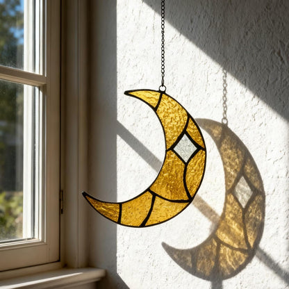Moon Stained Glass Window Hanging Suncatchers，Handcrafted Art Glass Crescent Moon Decorations Indoor Window Gift for Women, Christmas,Thanksgiving (Yellow)