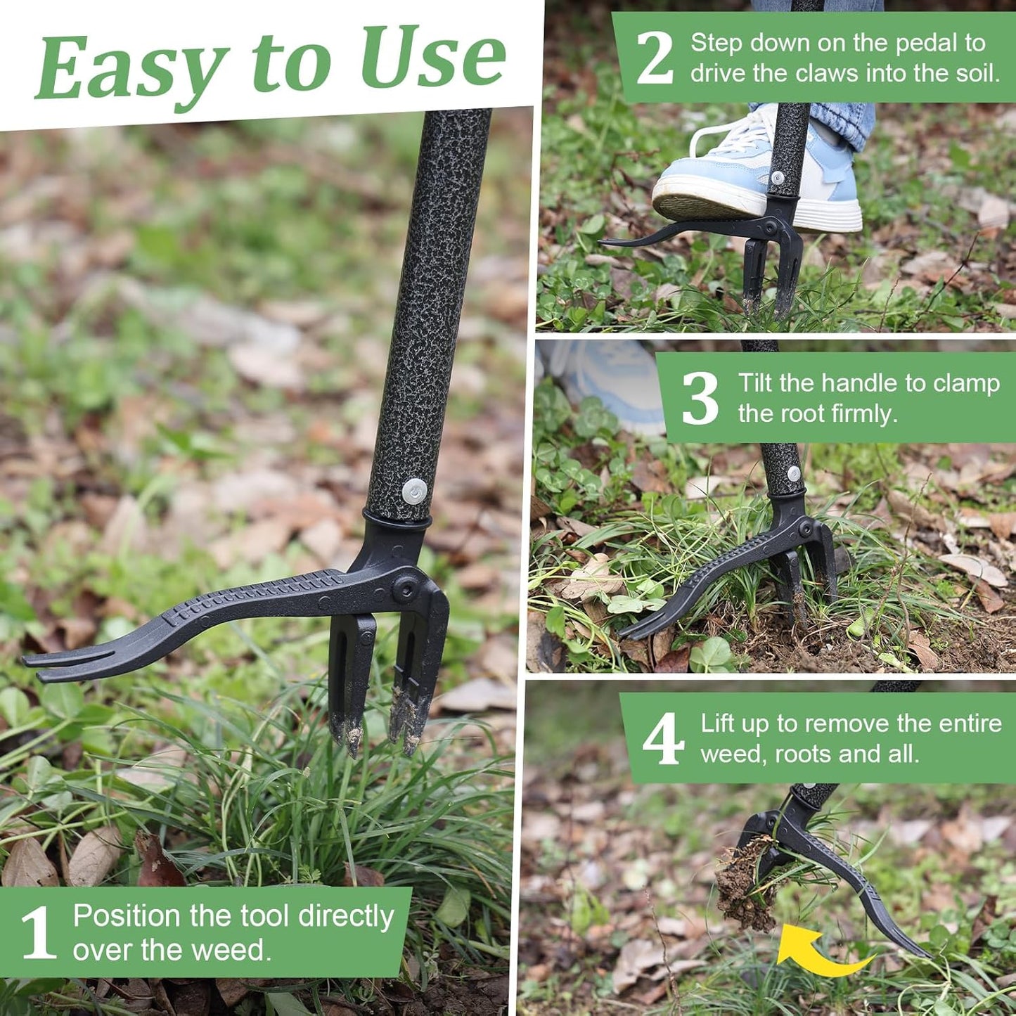 60” Stand Up Weed Puller Tool with Long Handle Reinforced 4-Claw Metal Head Manual Weeders Picker for Removing Dandelion Crabgrass from Garden Yard Lawn Without Bending or Kneeling