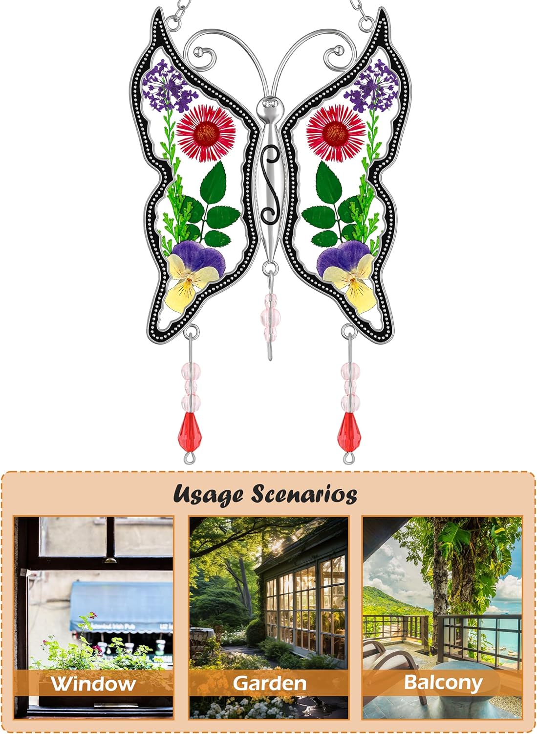 KY&BOSAM Butterfly Suncatchers DIY Stained Glass Suncatcher for Windows Ornament Wind Chime with Pressed Flower Embedded in Glass Birthday Gifts for Mom Mother`s Valentine's Day