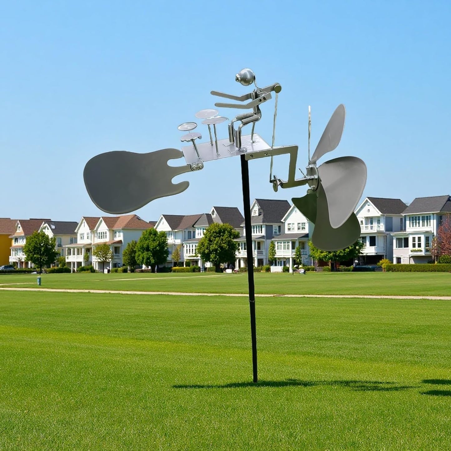 Handmade Metal Drummer Rock Band Windmill, Wind Powered Kinetic Sculpture, Garden Outdoor Wind Mill Spinner for Yard Lawn Garden Patio Rockin Art Figurine Decor (Silver)