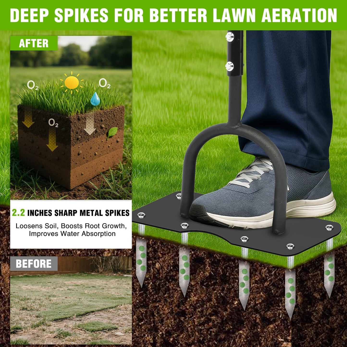 Yesker Lawn Aerator Spike Tool – Manual Metal Soil Aerator with 9 Iron Spikes, Dethatching Lawn Tool for Yard, Garden, and Lawn Aeration