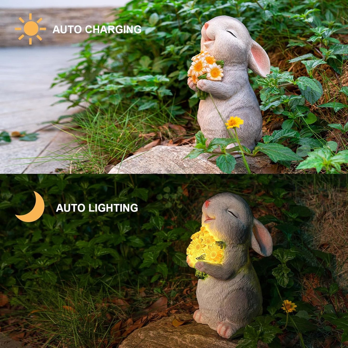 Solar Rabbit Garden Statues Outdoor Bunny Decor Resin Rabbit Figurine Holding Sunflower with LED Lights for Proch Patio Lawn Yard Christmas Mothers Day Gardening Gifts for Mom Grandma