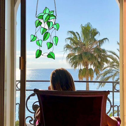 Green Faux Plants Stained Glass Window Hanging Suncatcher, Artificial Plants Decor Gift for Women, Stain Glass Sun Catchers Indoor Window, Handcrafted Home Wall Art Decoration Ornament.