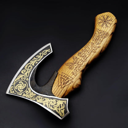 SHINY CRAFTS-Viking axe bearded axe tomahawk birthday gifts-Viking Axe with Carbon Steel Head and Ash Wood Handle is black polished, Viking Gifts for Men with Premium Quality Leather Sheath (SCA-0025)
