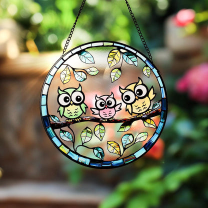 7.87” Owl Stained Glass Suncatcher - Hand-Painted Colorful Owls on Tree Window Hanging with Metal Chain, Vibrant Bird Decor for Indoor/Outdoor - Gift for Women, Mothers Day & Bird Lovers