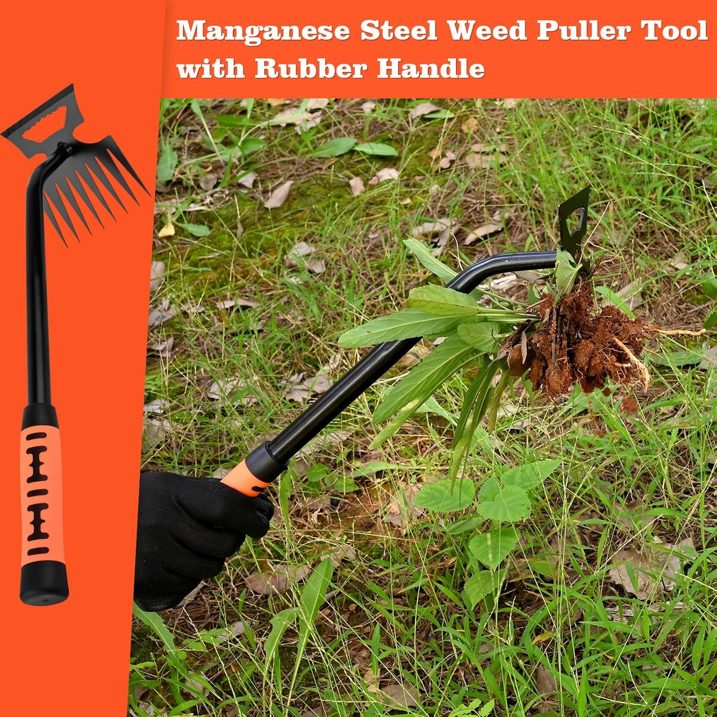 Portable Weed Removal Tool - 8-Prong Manganese Steel with Black Baked Rust-Proof Coating for Garden Lawn Farm, Non-Slip Rubber Handle