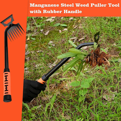 Portable Weed Removal Tool - 8-Prong Manganese Steel with Black Baked Rust-Proof Coating for Garden Lawn Farm, Non-Slip Rubber Handle