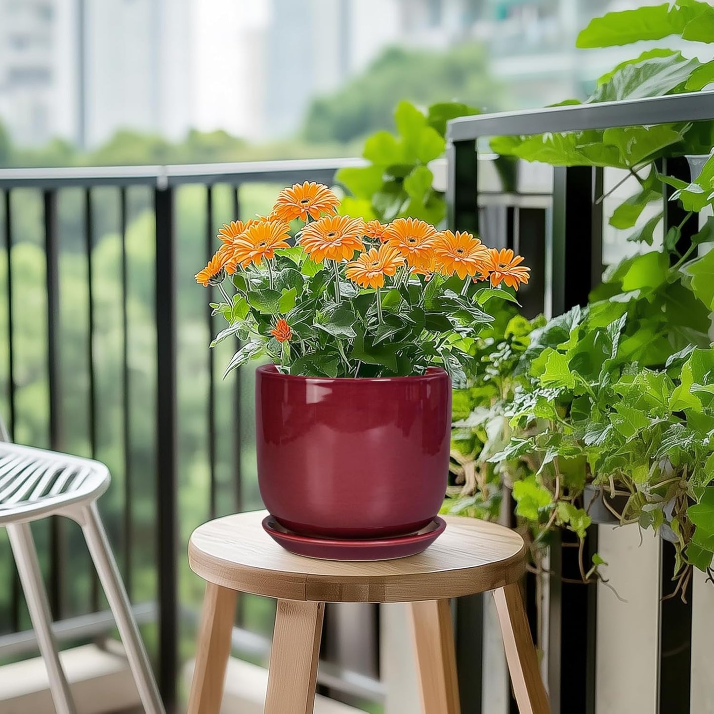 Ceramic Planter for Plants - Round Modern 7 Inch Plant Pot Indoor with Drainage Hole and Saucer, Home Patio Office Apartment Decor, Red