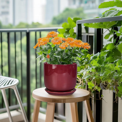 Ceramic Planter for Plants - Round Modern 7 Inch Plant Pot Indoor with Drainage Hole and Saucer, Home Patio Office Apartment Decor, Red