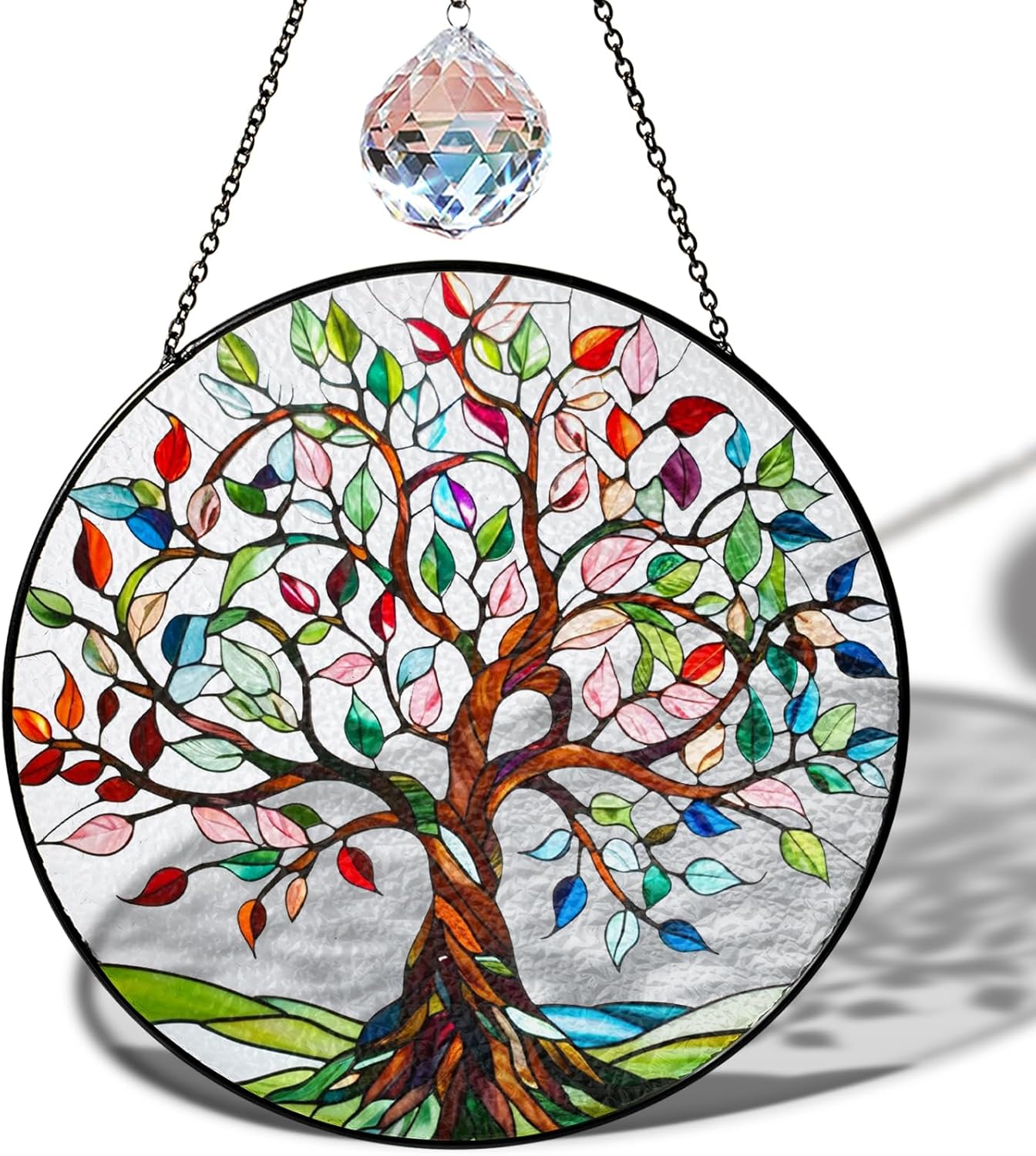 6" Tree of Life Stained Glass Suncatcher for Window, Handcrafted Boho Sun Catcher Decor, Spiritual Nature Ornament Gift for Women, Meditation Garden Home Office Wall Hanging Decoration