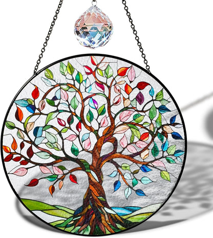 6" Tree of Life Stained Glass Suncatcher for Window, Handcrafted Boho Sun Catcher Decor, Spiritual Nature Ornament Gift for Women, Meditation Garden Home Office Wall Hanging Decoration