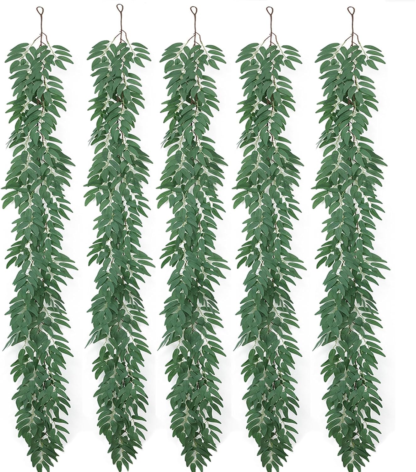 mizii 5 Packs 390" Artificial Vines Willows Garland Fake Vine Italian Ruscus Silk Green Leaves Faux Plants Greenery Decoration for Bedroom Room Wall Party Table Centerpieces Wedding Arch Decor