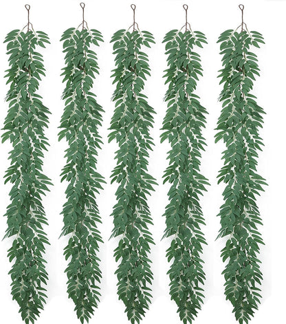 mizii 5 Packs 390" Artificial Vines Willows Garland Fake Vine Italian Ruscus Silk Green Leaves Faux Plants Greenery Decoration for Bedroom Room Wall Party Table Centerpieces Wedding Arch Decor