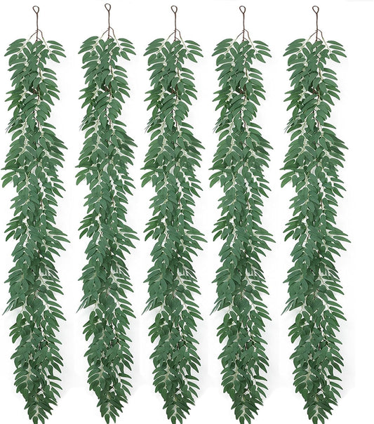 mizii 5 Packs 390" Artificial Vines Willows Garland Fake Vine Italian Ruscus Silk Green Leaves Faux