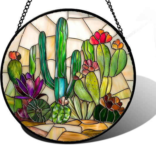 Stained Glass Window Hanging, White Green Cactus Suncatcher Diamond Glass Panel Hangings Sun
