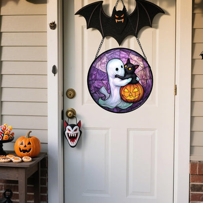 Stained Glass Window Hanging - Halloween Decorations Ghost Black Cat Pumpkin Suncatcher for Door Garden Spooky Purple Sun Catchers Gothic Decor Horror Gifts for Women Men Friend Boy 7.8 in