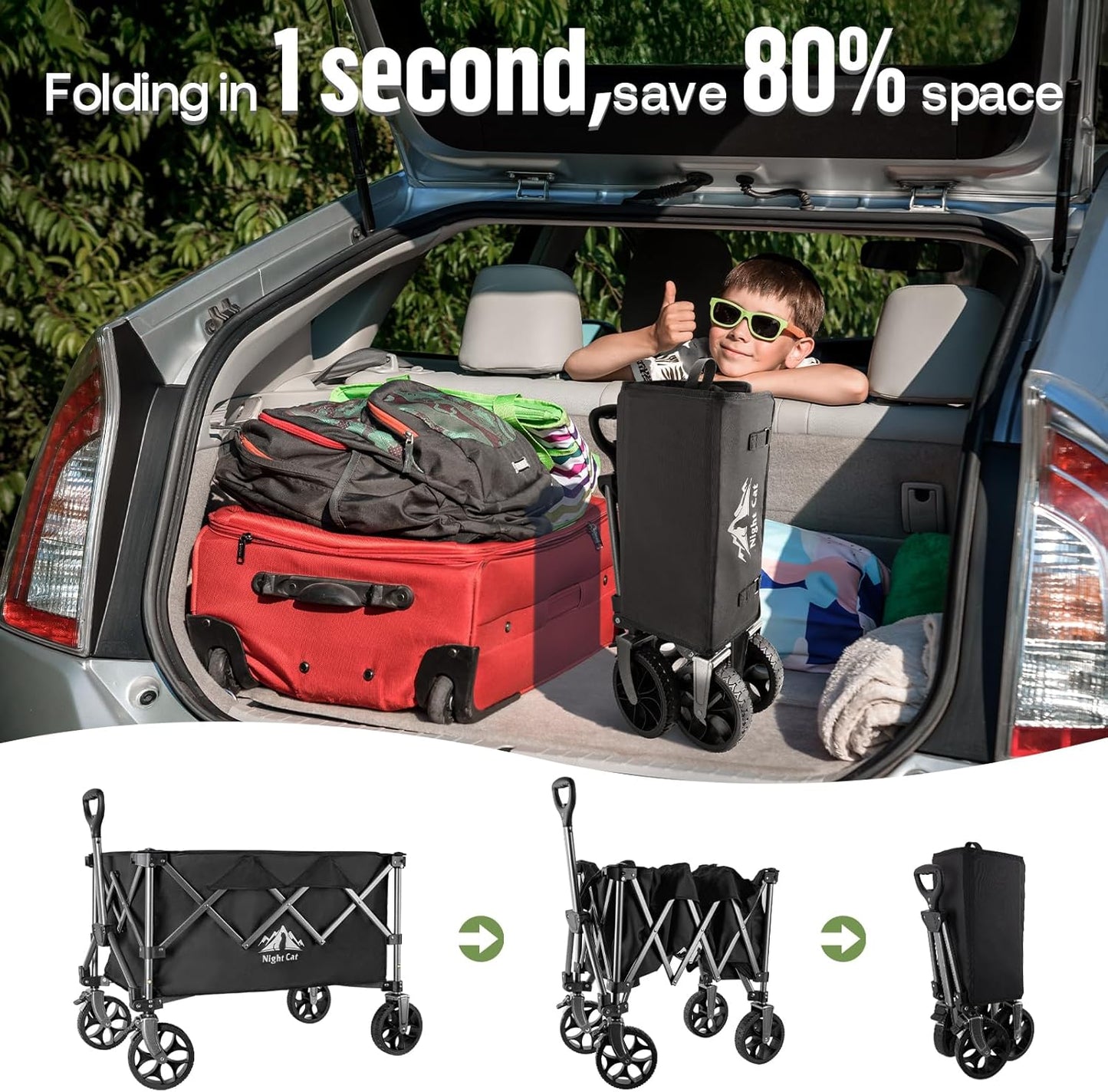 Night Cat Collapsible Wagon for Camping: 150L Garden Gart with Wheels Heavy Duty - Folding Utility Wagon for Outdoor