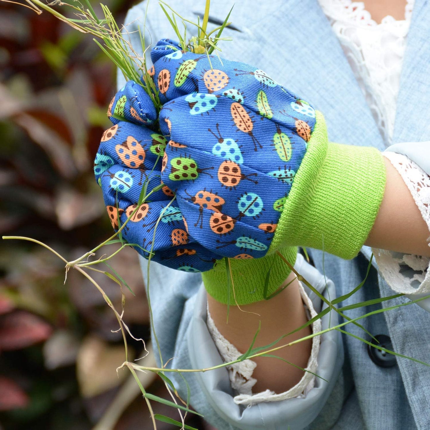 HANDLANDY 2 Pairs Kids Gardening Gloves, Girls Boys Children Garden Work Play Gloves (Green Ladybug & Dot, Small)