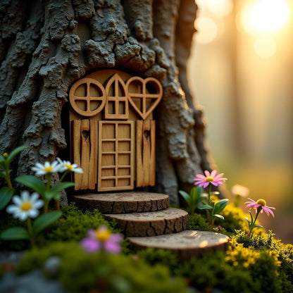 4 Pcs Wooden Fairy Garden Door and Windows Ornaments Tree Statues for Tree Trunk Yard Decoration Miniature Garden Buildings