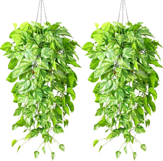 QIANYUN Fake Pothos Ivy Plant for Home Decor – 40" Fake Hanging Plants with Pot, Artificial Silk Greenery for Indoor Shelf, Bedroom, Living Room, Bathroom, or Office Decoration