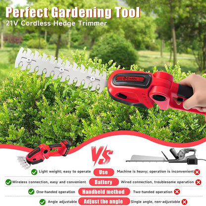Cordless Hedge Trimmer, 2-in-1 Handheld Electric Hedge Trimmer/Grass Shears for Garden,Yard and Lawns, Shrub Trimmer with 2 PCS Rechargeable Battery&Charger (Red)