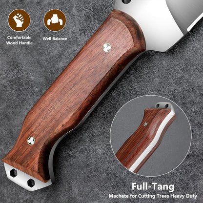 Machete w Sheath for Yard Work, 15'' Full Tang Camping Machete for Cutting Trees Heavy Duty, Survival Machetes, 0.22’’ Thick 5CR15MOV Stainless Steel Blade Spine & Wood Handle, Clearing Brush and Gardening