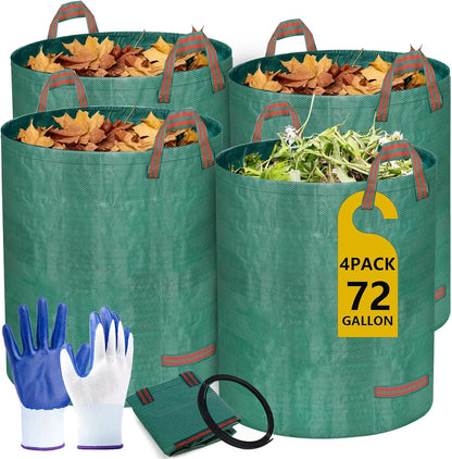 Reusable Yard Waste Bags, 72 Gallon Lawn and Leaf Bags 4 Pack with Reinforced Handles and Gardening Gloves, Heavy Duty Standable Garden Waste Bags for Leaves, Grass, Camping, Recycling