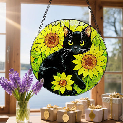Stained Glass Window Hanging, 8 Inch Black Cat Sun Catcher, Suncatchers for Windows, Sunlight Catcher Glass, Window Hanging Decor, Gifts for Cats Lovers, Mom Gift, Black Cat Decor Gifts