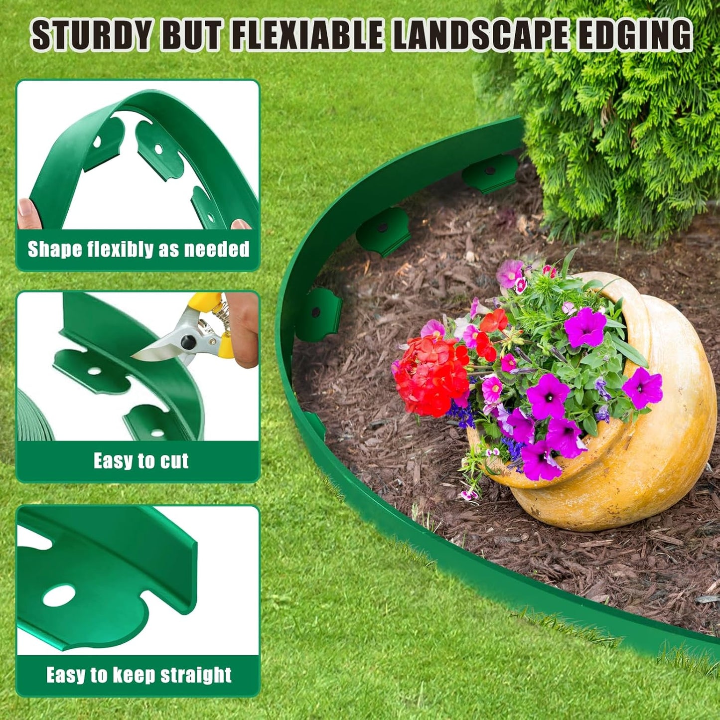 Landscape Edging - 2” Tall Garden Edging Border with 30 Stakes, 20FT No Dig Lawn Edging for Landscaping for Garden Bed, Yard, 0.15" Thick Flower Bed Border Edging with Connector for Outdoor