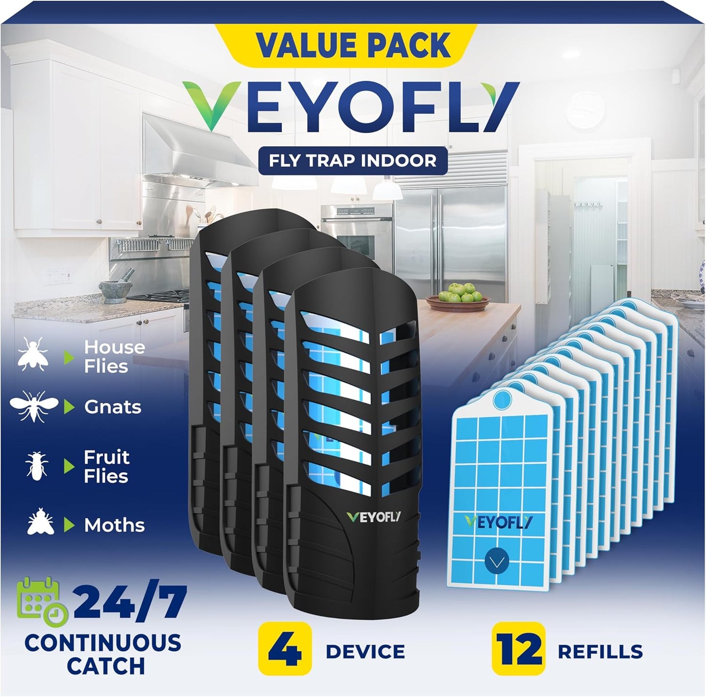 VEYOFLY Fruit Fly Traps for Indoors, Fly Trap Indoor, (4 Device + 12 Refills) Fly Catcher Indoor, Gnat Traps for House Indoor, Fly Trap, Plug in Light Flying Insect Trap, Bug Killer