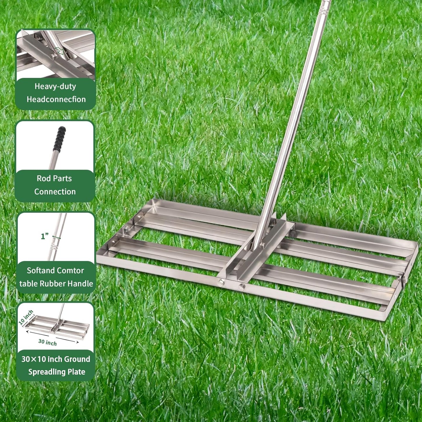 Lawn Leveling Rake - 30'' x 10'' Stainless Steel Lawn Leveler, Heavy Duty Ground Plate Rake for Yard, with Adjustable 72'' Long Handle, Effort Saving Lawn Level Tool for Farm, Garden, Golf Lawn