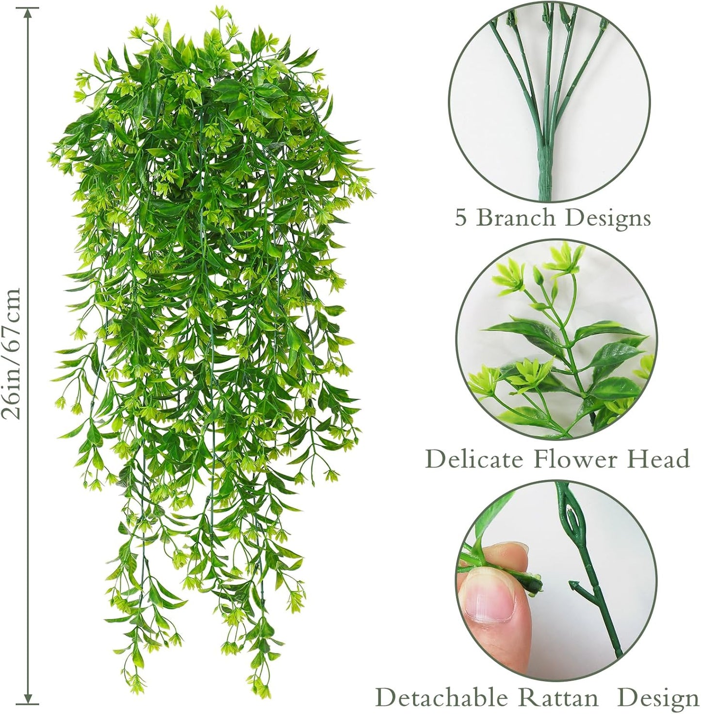 TOCHGREEN 4Pcs Artificial Hanging Plants Fern Vine, Faux Plastic Plants Fake Ivy Vine Greenery Garland with Green Flower, Outdoor Indoor Decorations for Living Room Garden Wall Home Decor (Green)