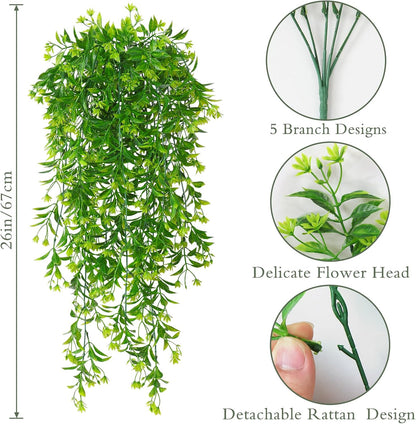 TOCHGREEN 4Pcs Artificial Hanging Plants Fern Vine, Faux Plastic Plants Fake Ivy Vine Greenery Garland with Green Flower, Outdoor Indoor Decorations for Living Room Garden Wall Home Decor (Green)