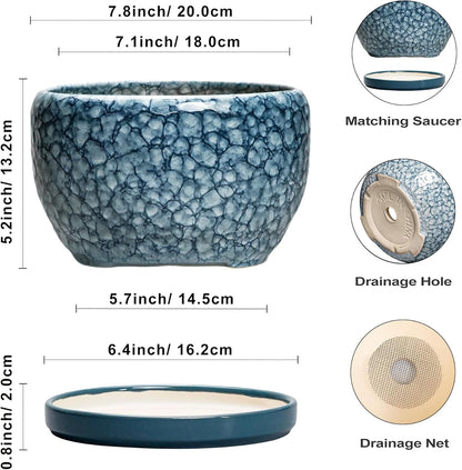 SQOWL 8 inch Plant Pot - Ceramic Pots for Plants Indoor, Decorative Plant Pot with Drainage Hole and Saucer, Ceramic Flower Pots Outdoor, Round Planter, Living Room Decor, Garden Gifts for Women, Blue
