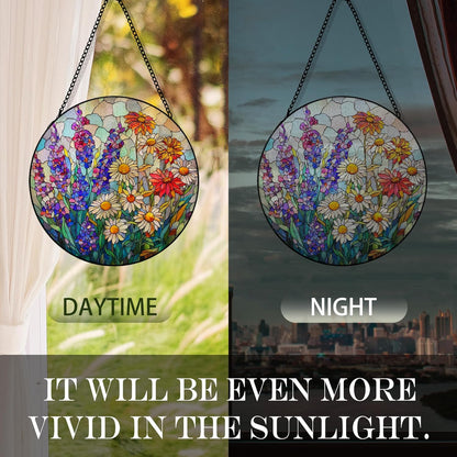Flower Suncatcher Stained Glass Garden Window Hanging, Cottagecore Wildflower Sun Catchers Indoor Window Glass Round Wall Decor, Floral Botanical Wall Art Hanging Decorations, ＂7.8x7.8＂