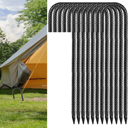 Black Rebar Stakes 16inx10mm Galvanized J Hook 12pcs – Heavy Duty Ground Tent Stakes for Fence,Bounce House,Outdoor Plants,Artificial Turf,Dog Coop,Metal Stakes for Christmas Decorations