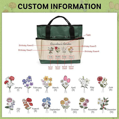 Personalized Garden Tools Set for Women: Custom Text Garden Tool Bag and Garden Shovel & Transplant Shovel & Hand Rake - Gardening Gifts for Mom Grandma Gardening Lover (4 Flowers)