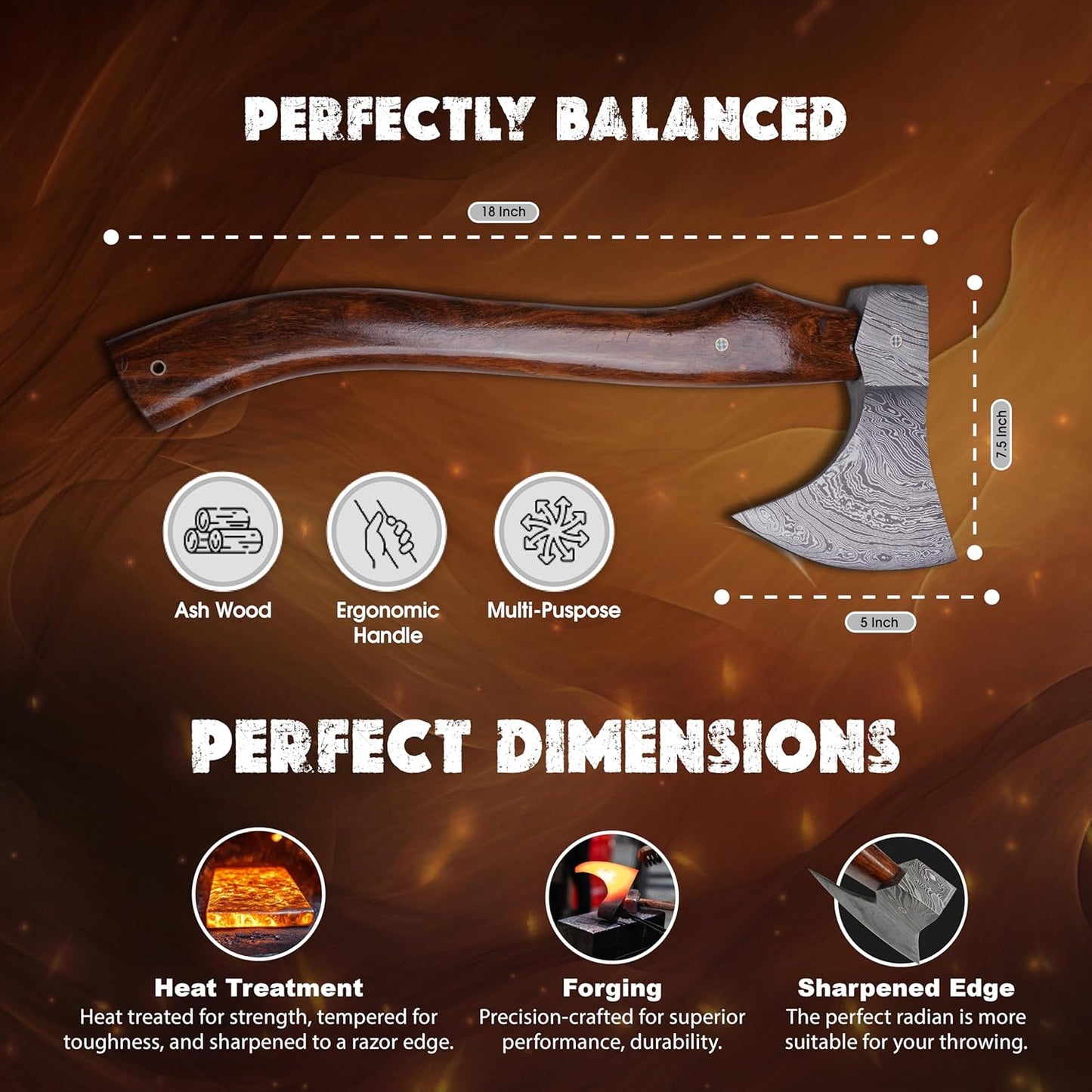Handmade Damascus Axe with Sheath – Viking Style Hatchet with Curved Wooden Handle for Camping, Chopping & Display