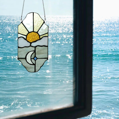 Sun and Moon Suncatchers Decor Stained Glass for Window Hangings,Handcrafted Tiffany Style Stained Glass Art Sun and Moon in The Sky for Living Room Bedroom Balcony (Silver&Yellow)