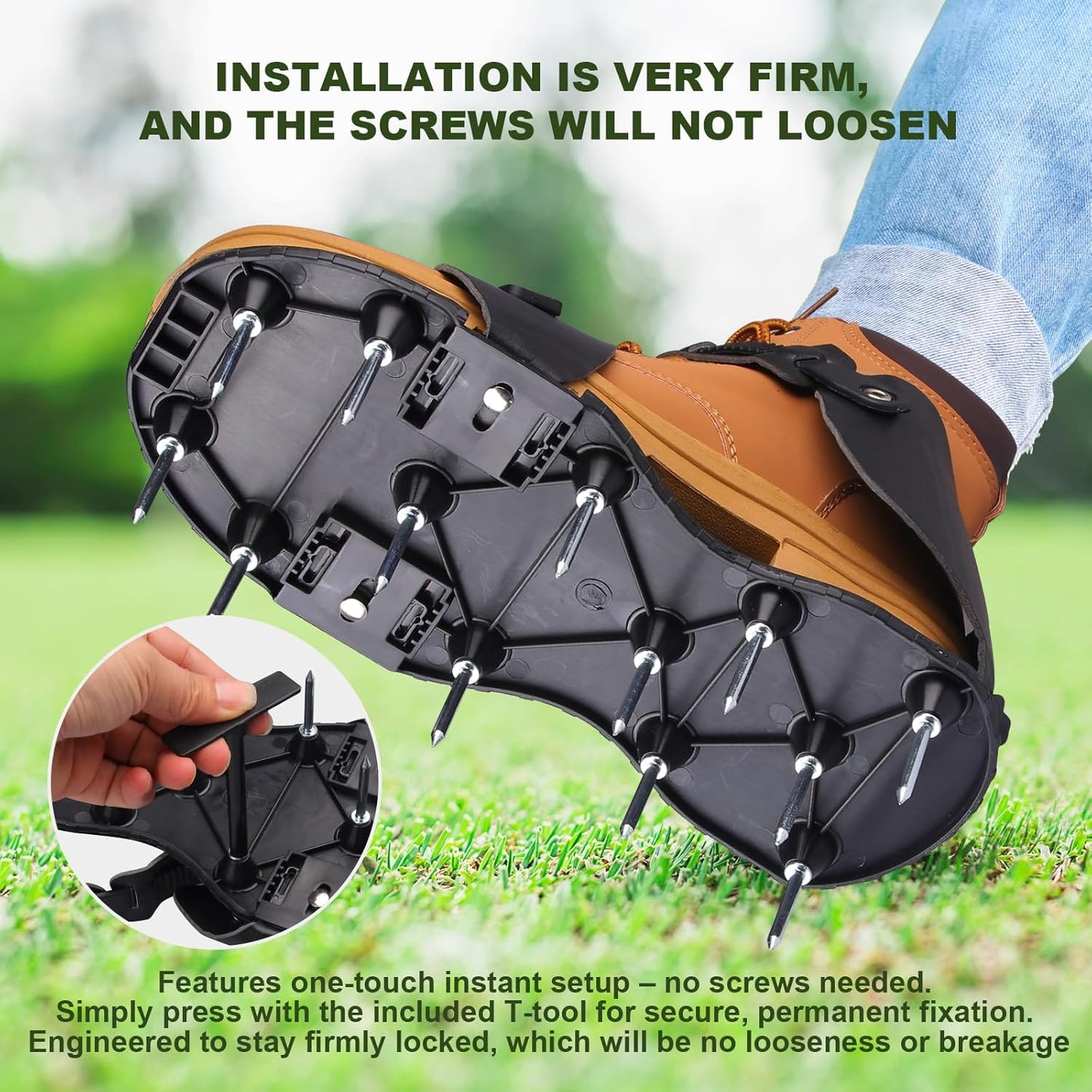 Lawn Aerator Shoes for Grass Spikes Aerator Lawn Shoes for Patio/Yard/Garden Heavy-Duty Spiked Sandals with Adjustable Loop Straps Stainless Steel Black
