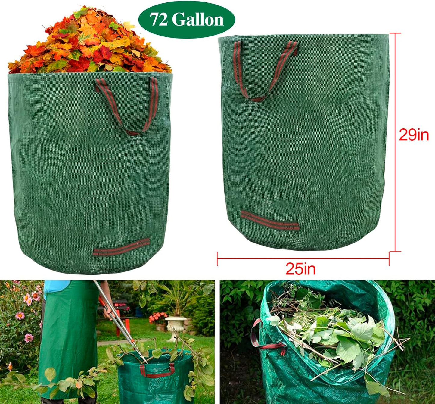 72 Gallons Garden Bag Collapsible Reuseable Heavy Duty Garden Waste Bags for Lawn Yard Leaf Trash Debris Garden bags with Gardening Gloves(3-Pack)