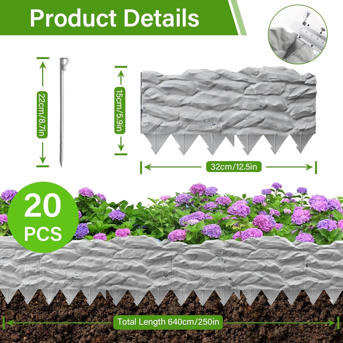 20Pcs Garden Edging Border, 21Ft Marbled Design Garden Landscape Edging Borders with 20 Pcs Stakes, Plastic Garden Fence Lawn Edging Border for Flower Bed, Yard, Patio, and Pathway Landscaping
