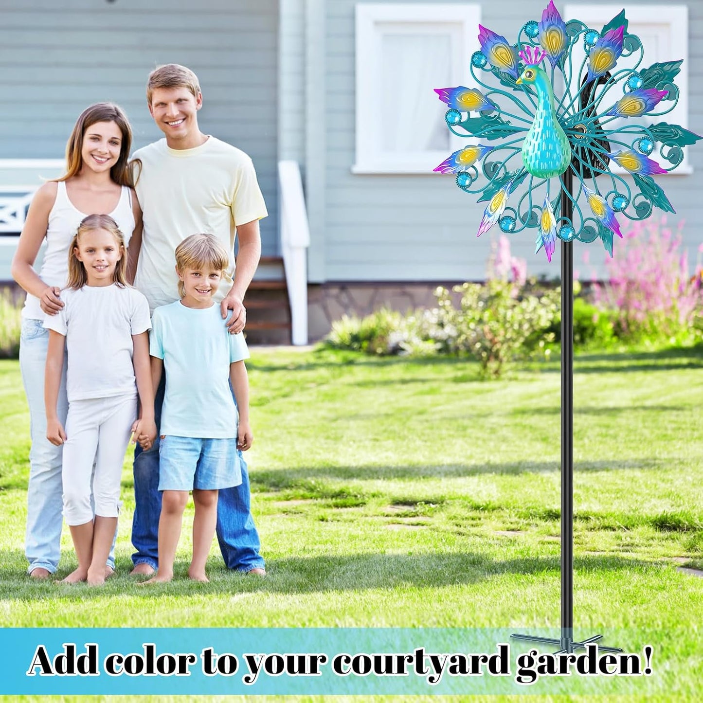 Metal Outdoor Wind Spinner, 2-Way Wind Sculpture Spinner with Metal Stake, Waterproof 360 Degrees Kinetic Windmill Art Decoration for Patio Garden Lawn (Peacock B)