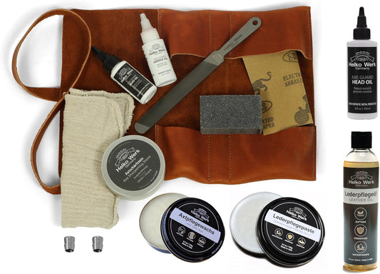 1844 Helko Werk Germany Deluxe Axe Care and Maintenance Kit - Axe Maintenance Tool Care, Sharpening Stone, Axe Wax, Leather Oil, Leather Paste, 4 Oz. AxeGuard (Deluxe Maintenance Kit) #F8790-3