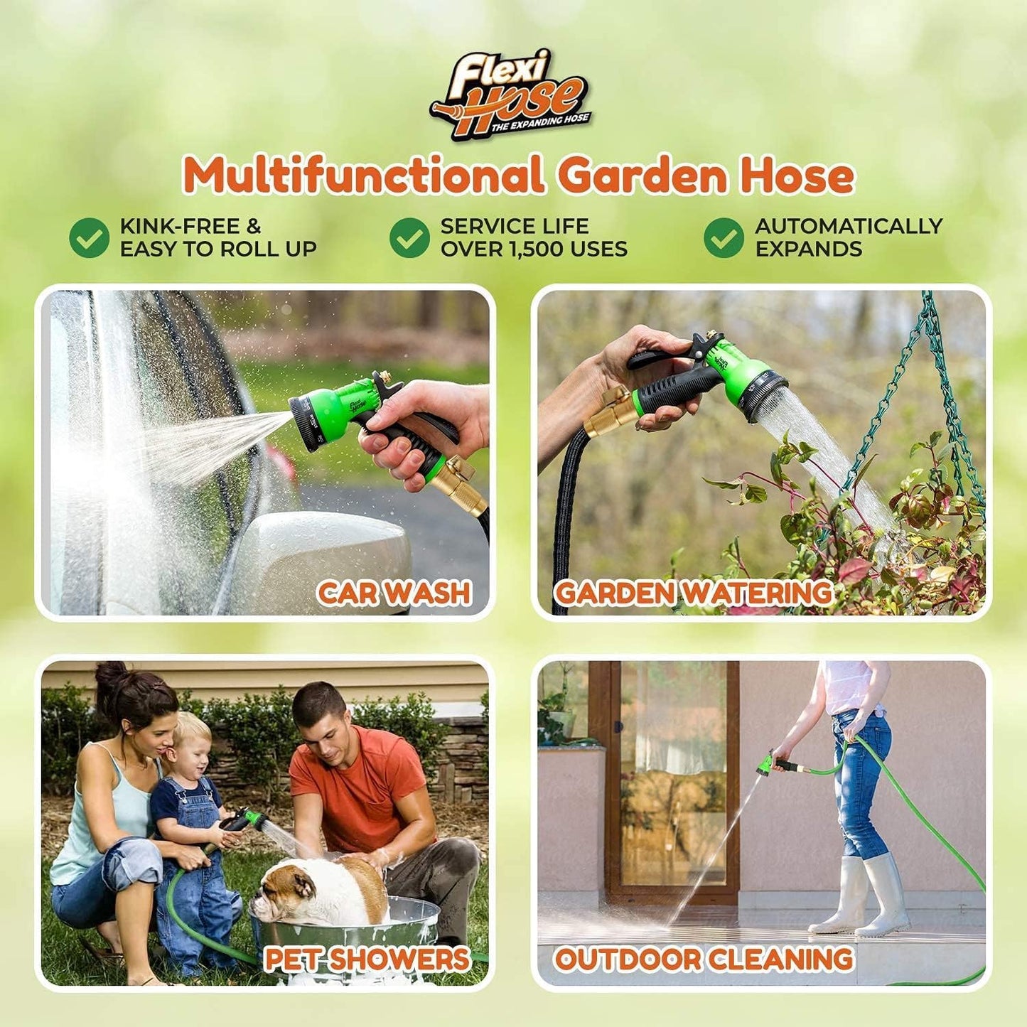 Flexi Hose Expandable Garden Hose with 8 Function Nozzle, 50FT - Lightweight Retractable Garden