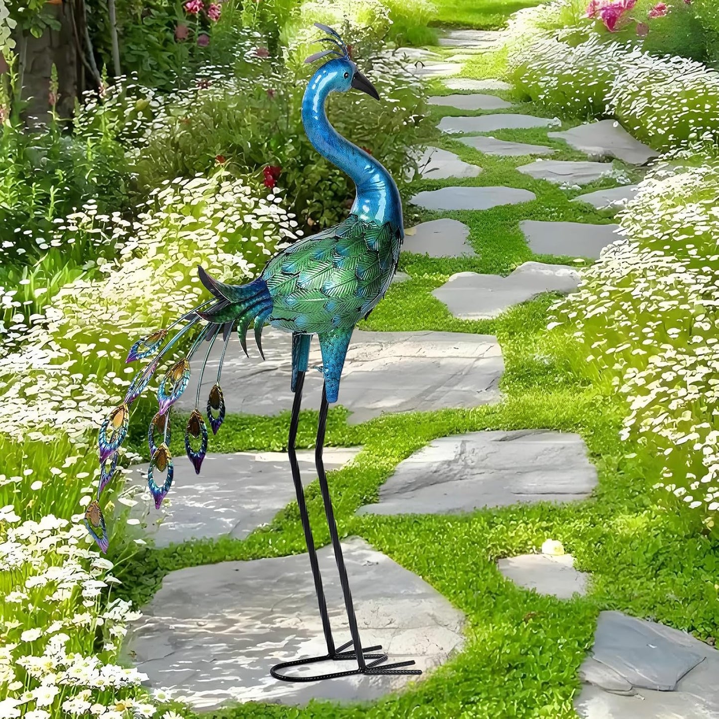 Metal Peacock Statue Yard Decor - Large Iron Peacock 34", Standing Bird Garden Sculptures, Metal Birds Yard Art Outdoor Statues, Outdoor Backyard Decor, Patio, Porch, Lawn Ornament Garden Decoration