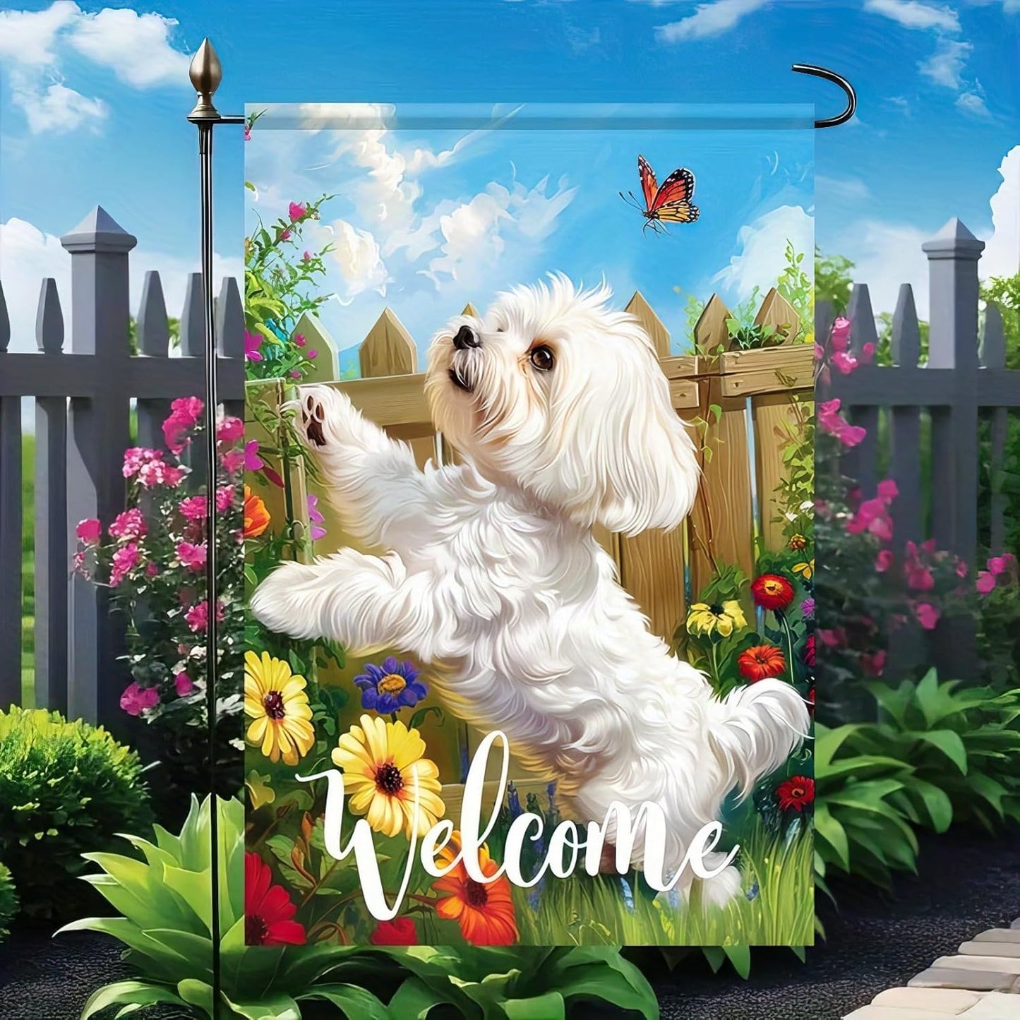 BlissYard Welcome Spring Summer Flowers Maltese Dog Garden Flag Lovely Floral Seasonal Home Decor Banner 12x18 Double Sided Funny Dog Garden Flag Farmhouse Outdoor Yard Decoration Flag
