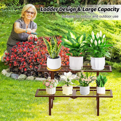 Plant Stand Indoor Outdoor, 2-Tier Foldable Metal Ladder Plant Stands, Stackable Metal Plant Shelf Decorative Flower Pot Holder Display Rack for Garden Living Room Patio,Brown