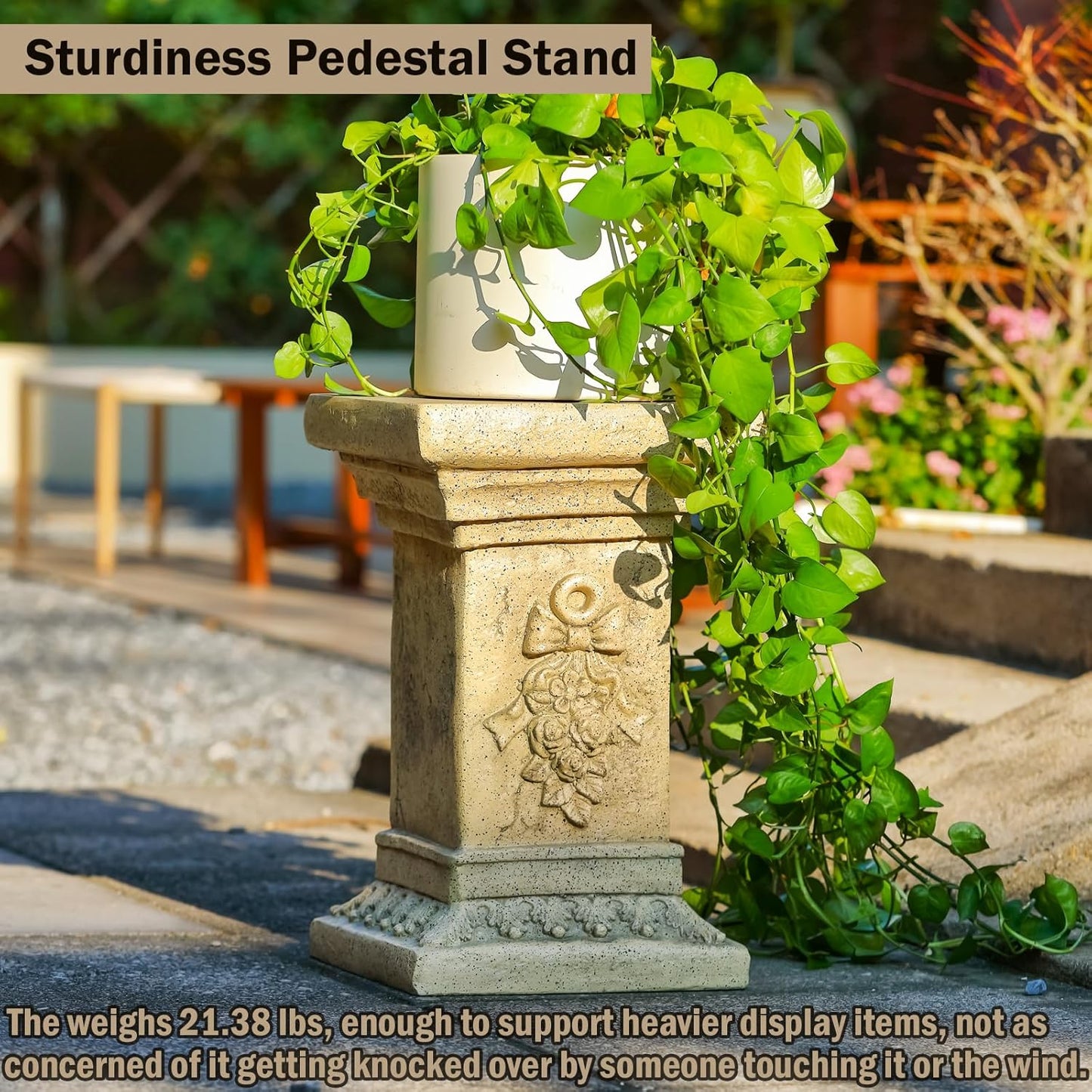 19" Tall Garden Pedestal Stand with Bow Design, Heavy Duty Plinth, Weatherproof Outdoor Pedestal for Sculptures, Flower Pots, or Use as Side Table - Durable Magnesium Oxide Material